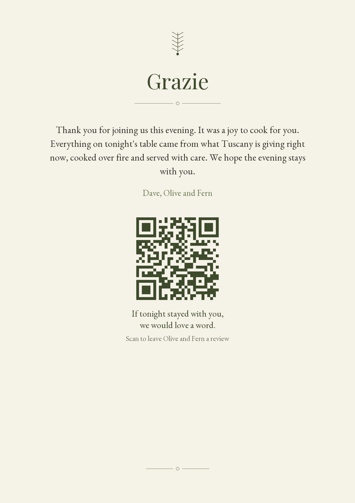 Menu back, thank you and review QR