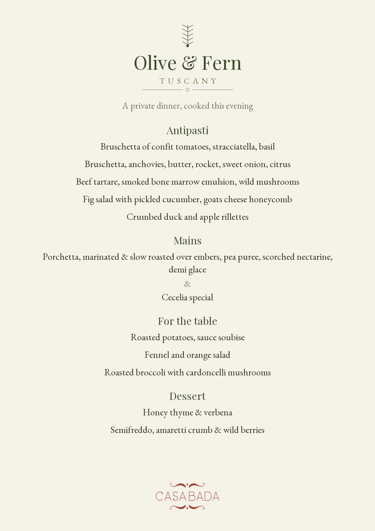 Private dinner menu, front