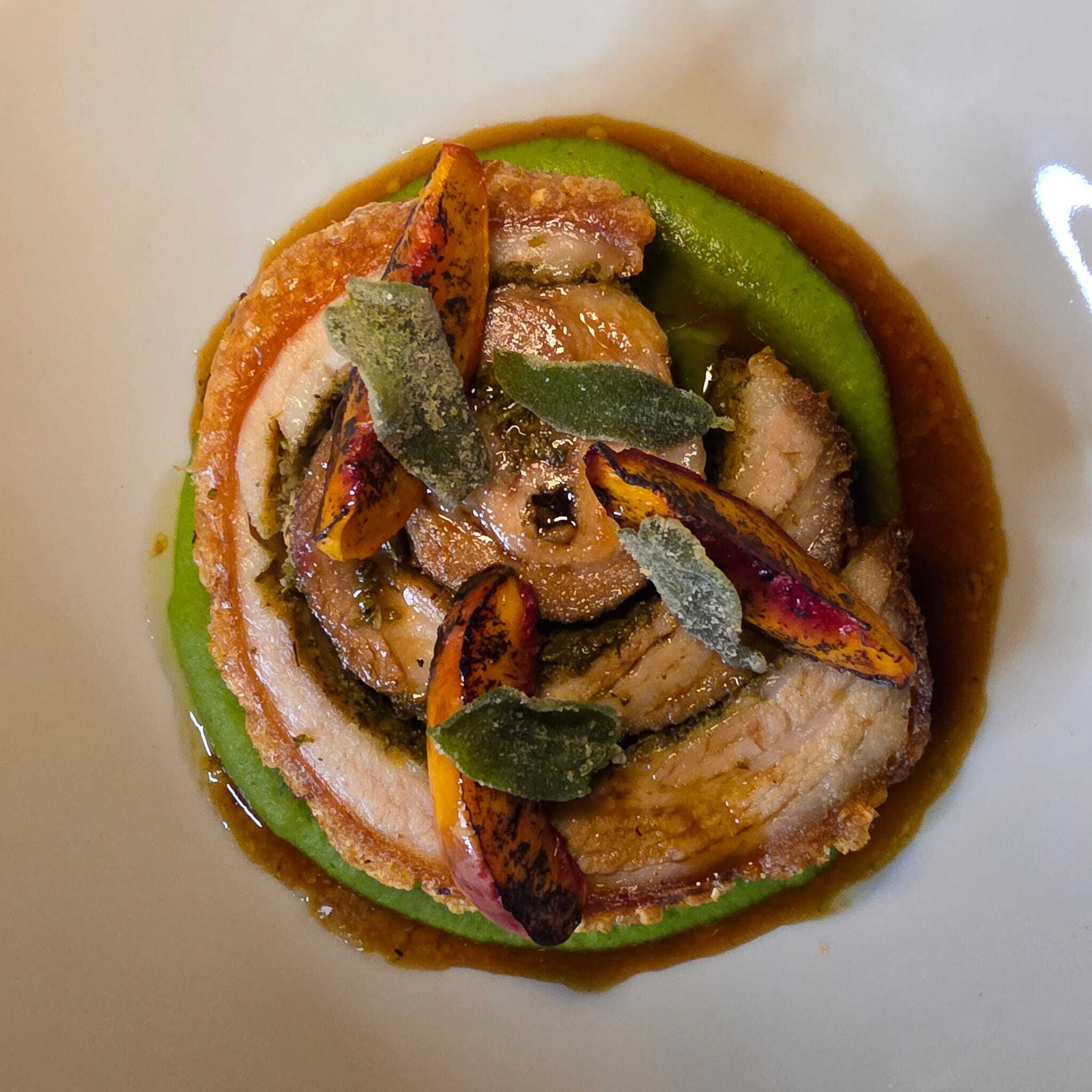 Porchetta with roasted peaches